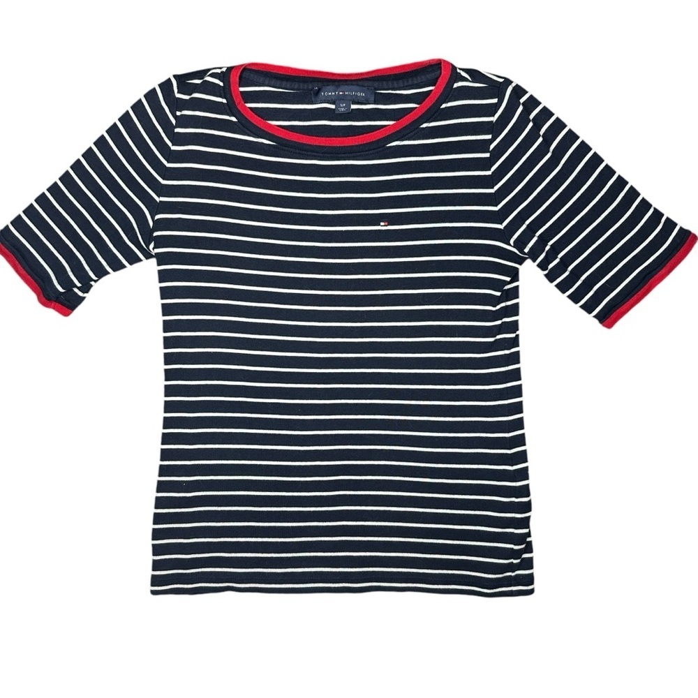 Tommy Hilfiger Blue white Red Striped Short Sleeve T Shirt - Women’s Size Small